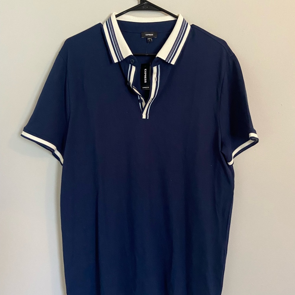 Express Men’s Dark Blue Polo with White Trim Detail